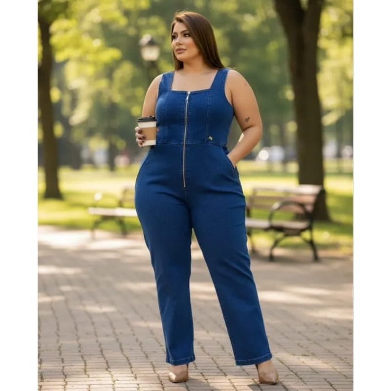 Macacão Jeans Feminino Flare  Plus Size Luna Com Laycra