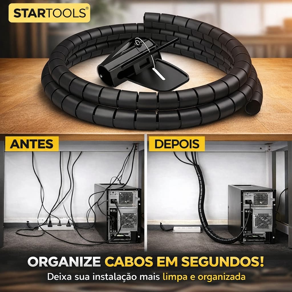 Organizador de Cabos Espiral com Aplicador Integrado 20mm 1m ou 2m Preto ou Branco