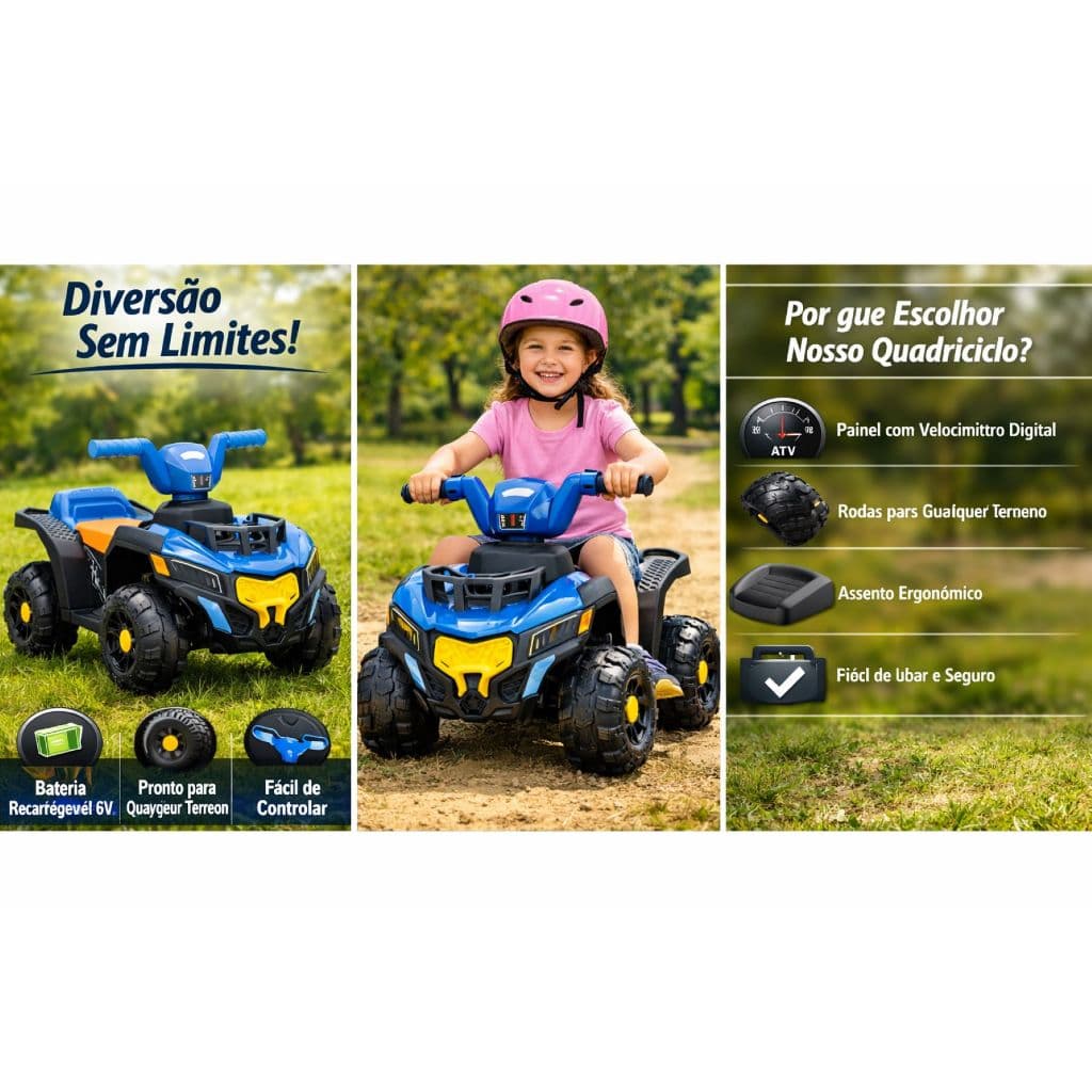 Quadriciclo Elétrico Infantil Bateria 6V Azul Segurança Diversão Crianças