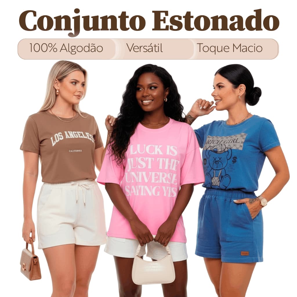 Conjunto Feminino Verão Estonado com Shorts e Camiseta Casual Confortável Look Completo Streetwear Elegante