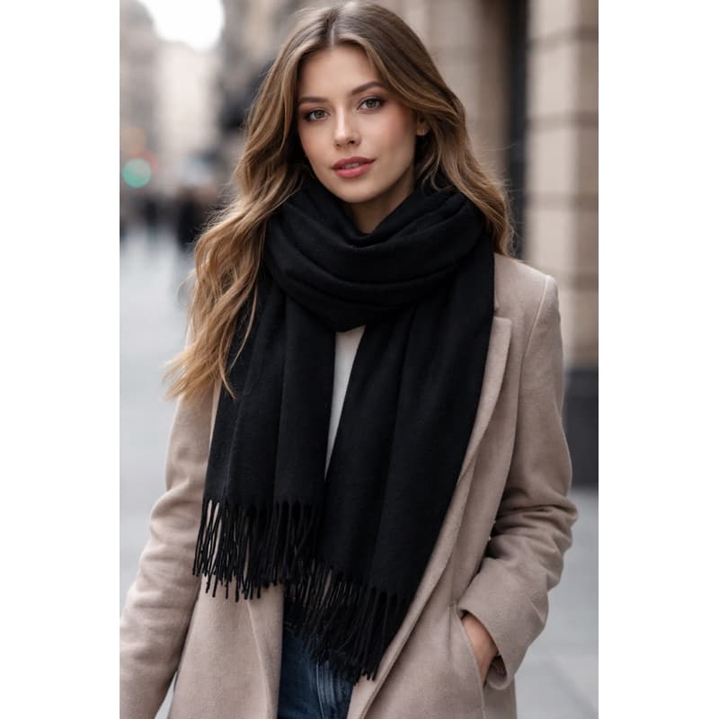 cachecol pashmina feminino moda lenço preto franjinha