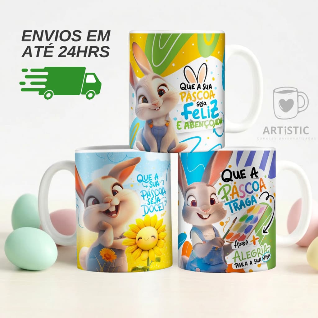 Caneca Personalizada de Páscoa - Coelhinho da Páscoa - Cerâmica 325ml