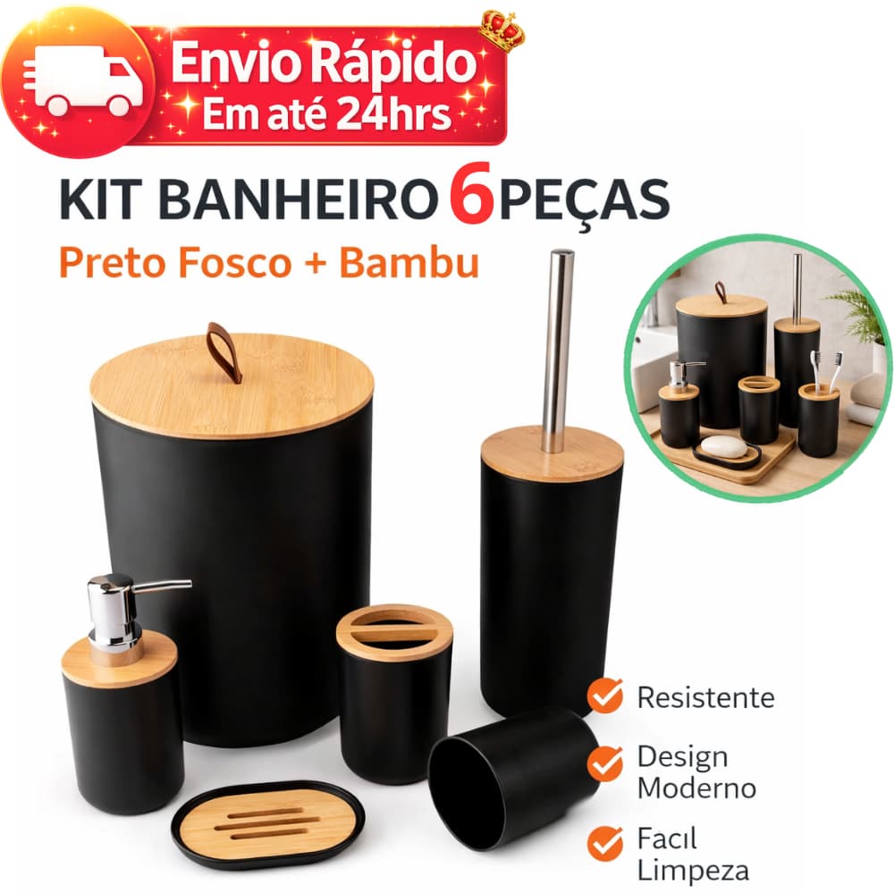 Kit Banheiro Completo 6, 4 Peças Bambu – Lixeira Basculante, Dispenser, Porta Escova e Saboneteira
