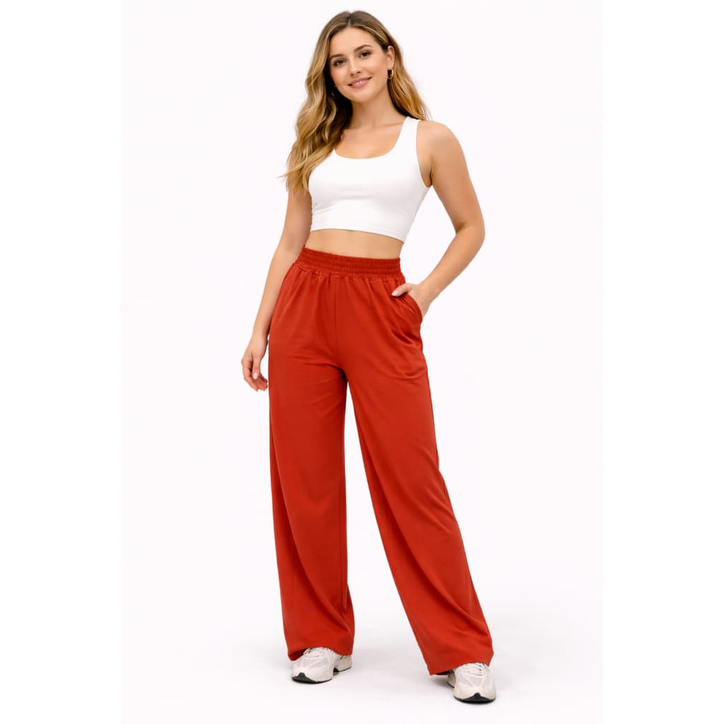 Calça Pantalona Elástico Cintura Bolsos Laterais