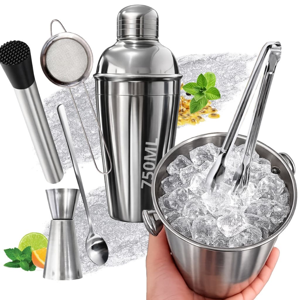 Kit Caipirinha Profissional Coqueteleira 750 Ml 7 Peças Inox Socador Dosador Colher Balde Pegador