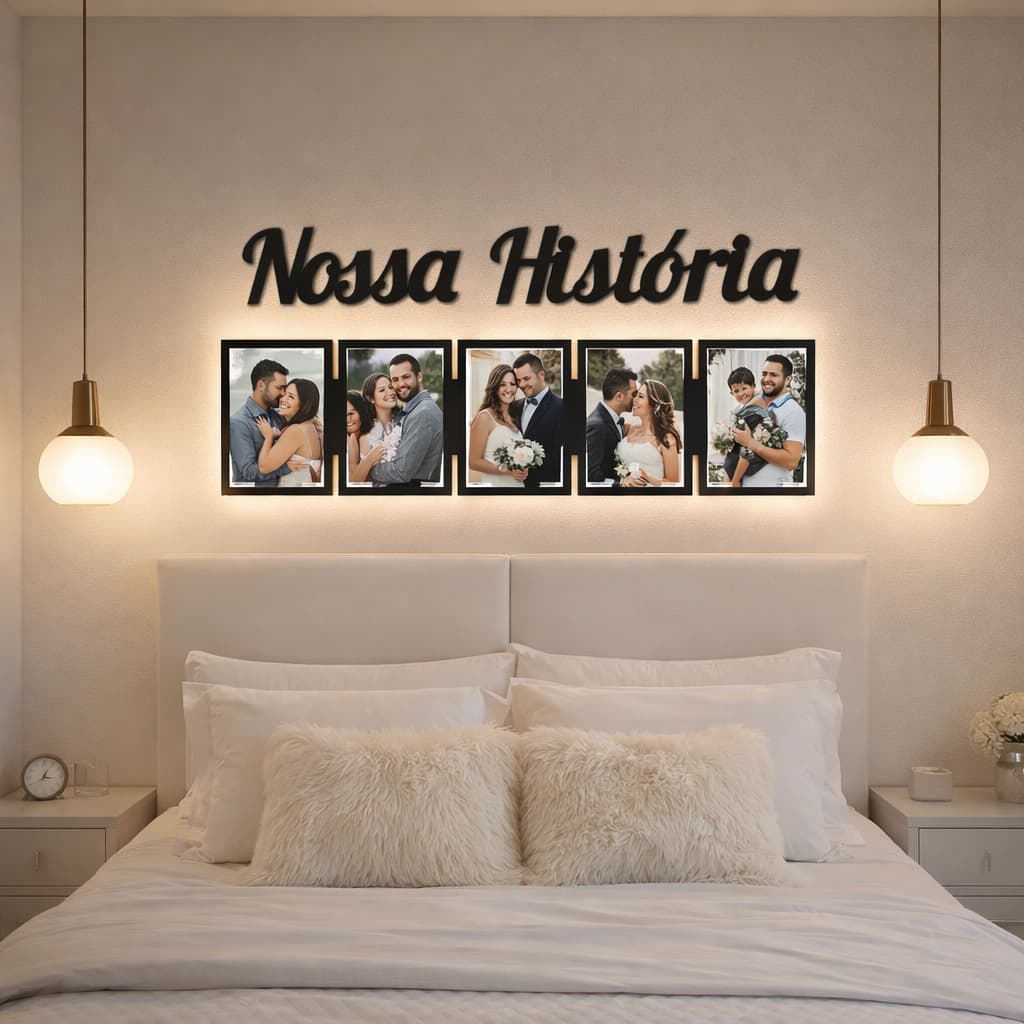 Quadro Porta Retrato Nossa História Preto com 5 Molduras Decorativas