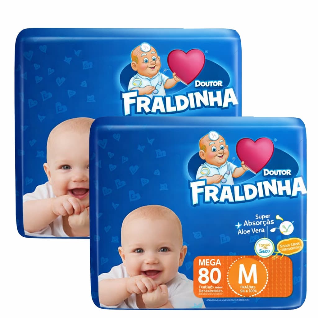 Kit 2 Fraldas Doutor Fraldinha Mega Tamanho M 80 Unidades  Ideal para bebês de 5 a 10kgs.