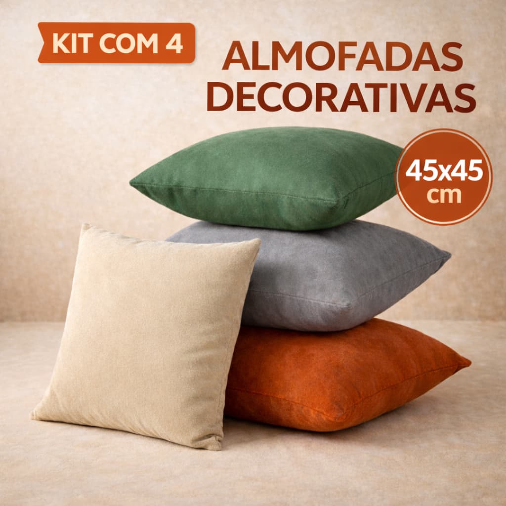 Kit 4 Capas De Almofadas 45x45 cm Tecido Suede Liso Decorativas Sala Sofá Com Zíper Invisível
