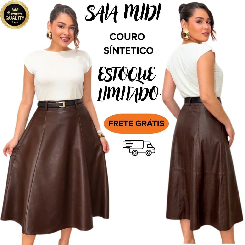 Saia Couro Feminina Midi Elegante Cintura Alta Moda Blogueira Festa Casual M ao G1 Lançamento