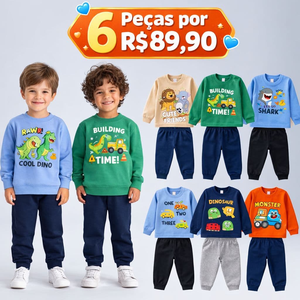 Kit C/6 peças Conjunto de Moletom Infantil menino do Tamanho 1 ao 10
