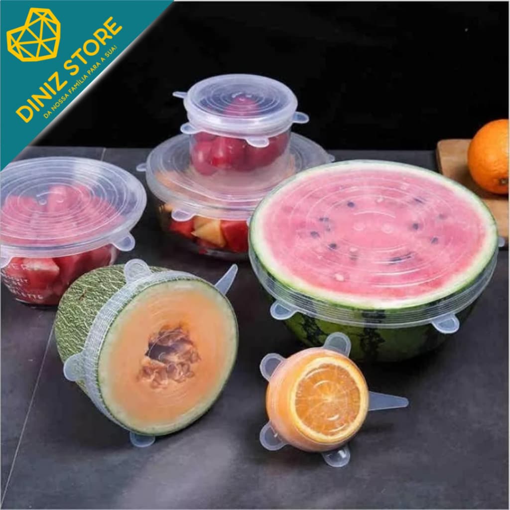 Kit 6 Tampas Silicone Geladeira Proteção Fruta Verdura Reutilizável Vedação Pote Copo Jarra Conserva