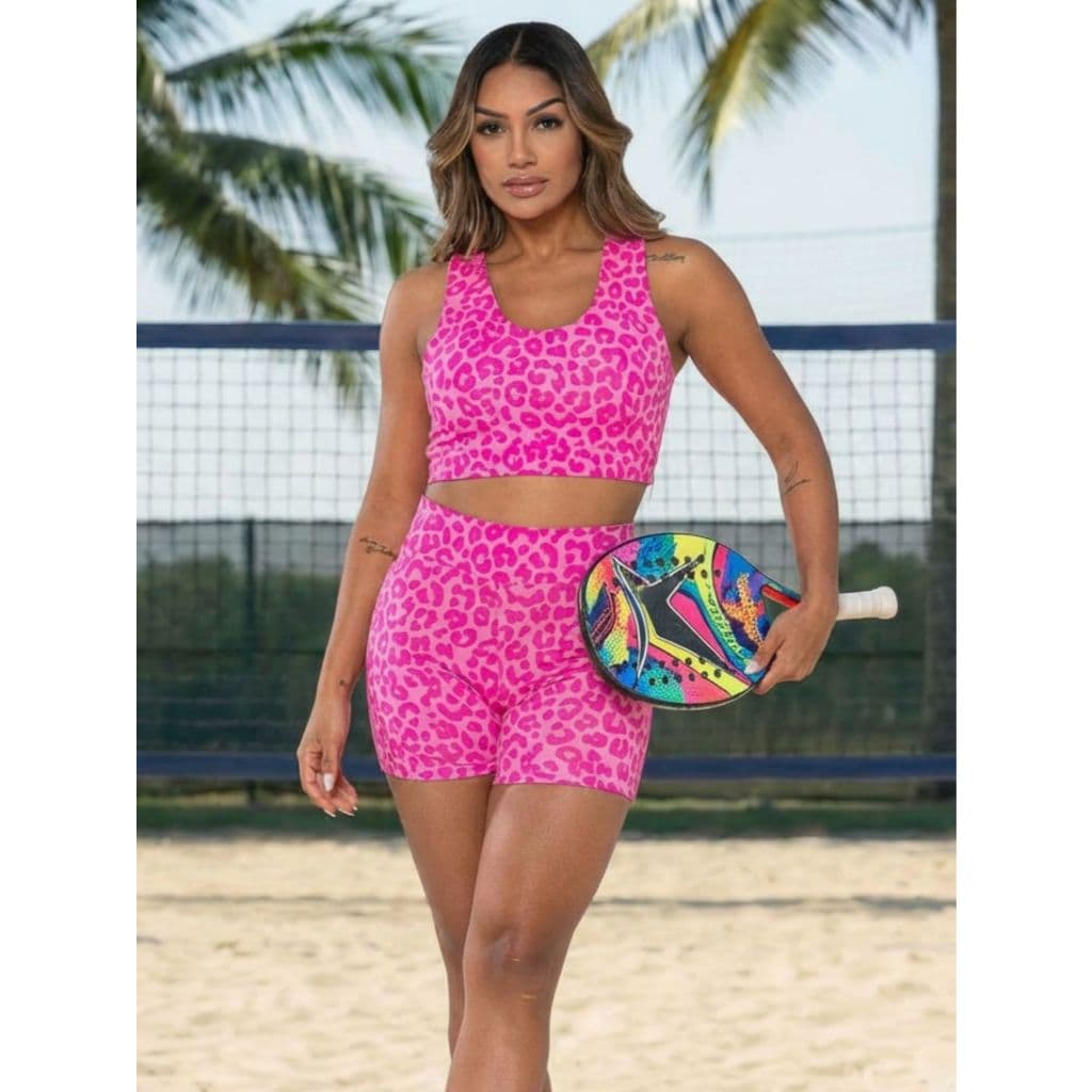 Conjunto Virginia Beach Tennis Top + Short com Bolso Feminino Cintura Alta Fitness Treino Areia Confortável Esportivo