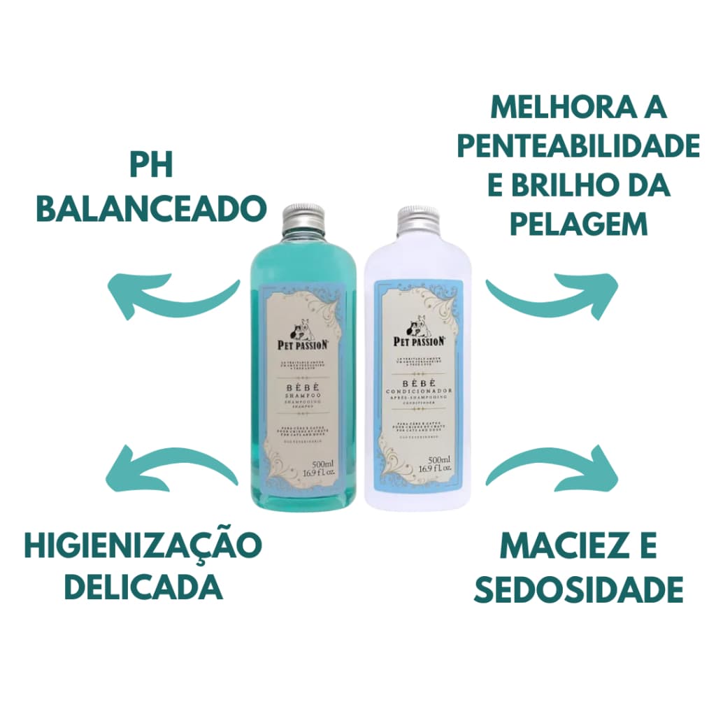 Kit Pet Passion Shampoo e Condicionador Bebe Cães e Gatos 500ml hipoalergenico fragrancia suave