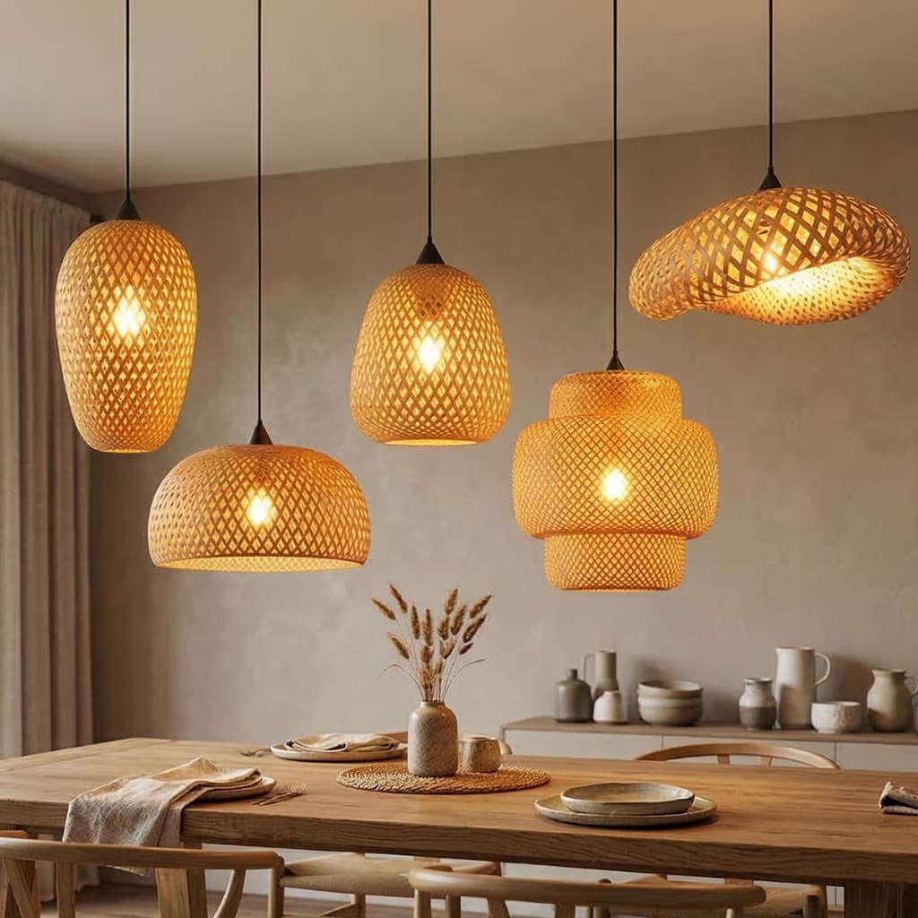 Conjunto de Lustres Teto Luminária Pendente Bambu Rústico Trançado Sala Cozinha Varanda