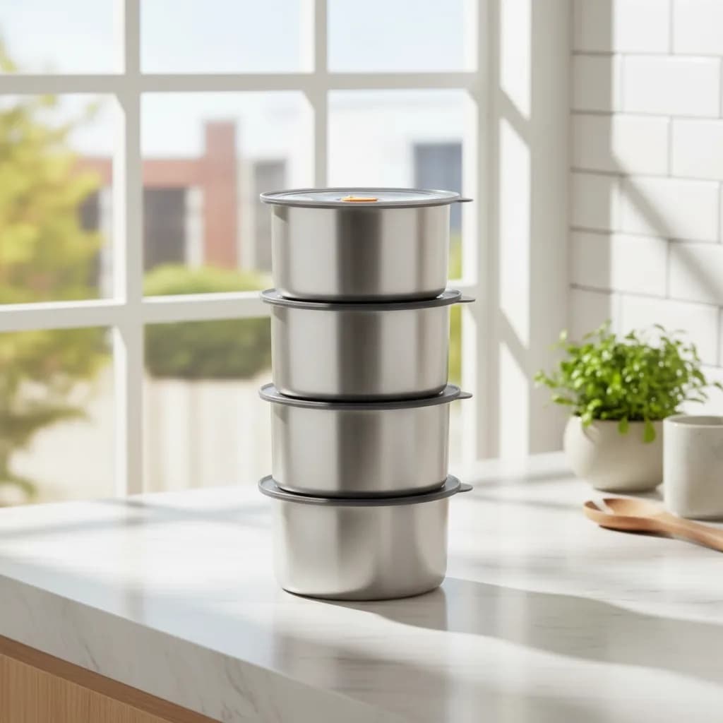 Conjunto Potes Hermeticos Inox 450Ml Redondo Kit 4 Unidades Vedacao Segura Organizador Cocina