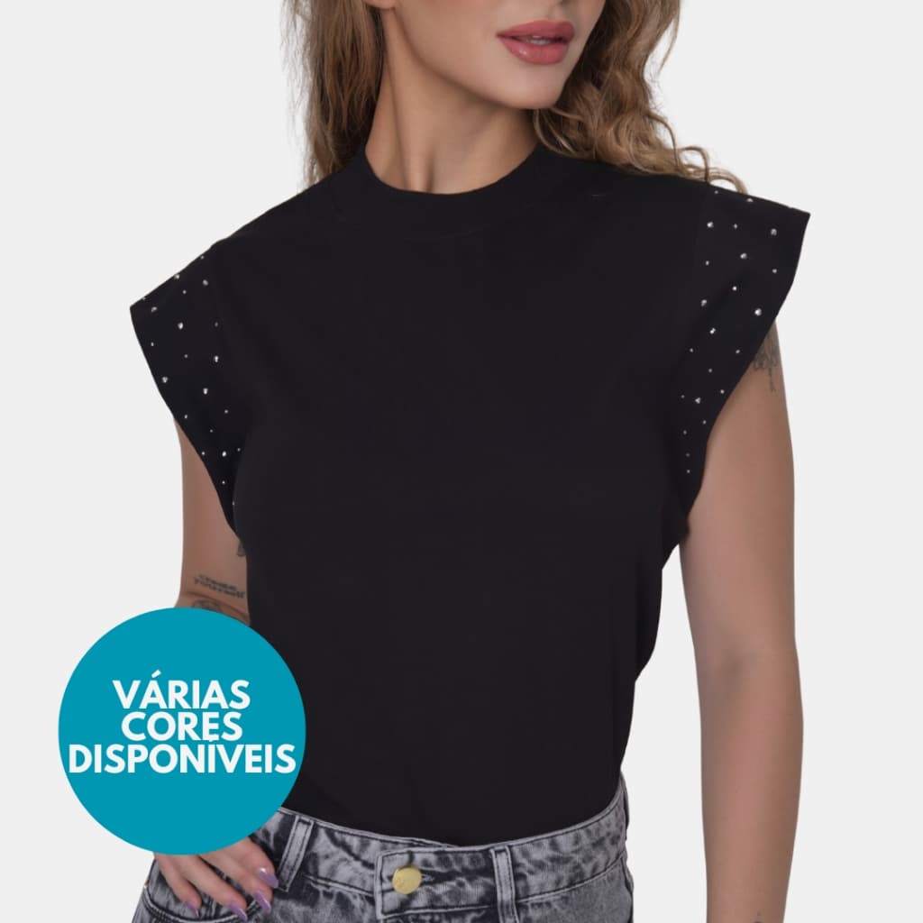 Camiseta Muscle Tee com Strass no Ombro Regata Ampla de Ombeira T-shirt Blusa Estampada
