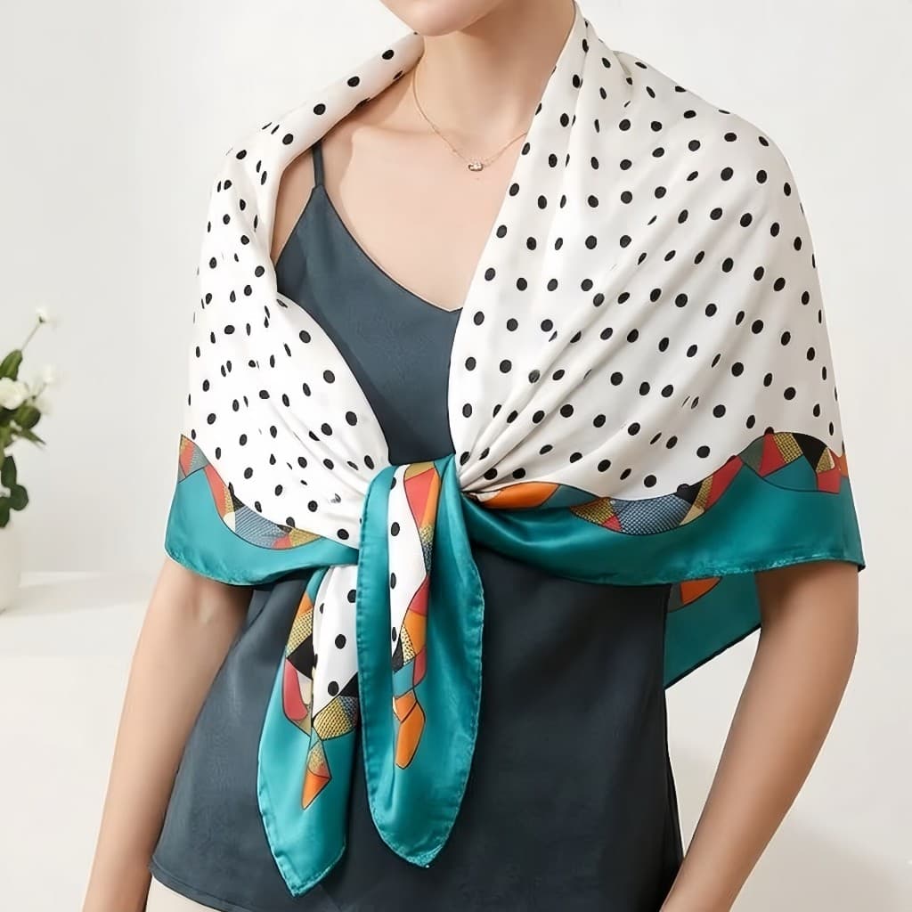Lenço Feminino De Seda Acetinada Estampa Poá Bolinhas Estampa Poá com Barrado Geométrico