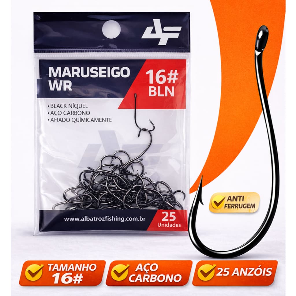 Anzol Para Pescaria Maruseigo WR 16 BLN Albatroz Aço Carbono Super Afiado Kit Com 25 Unidades