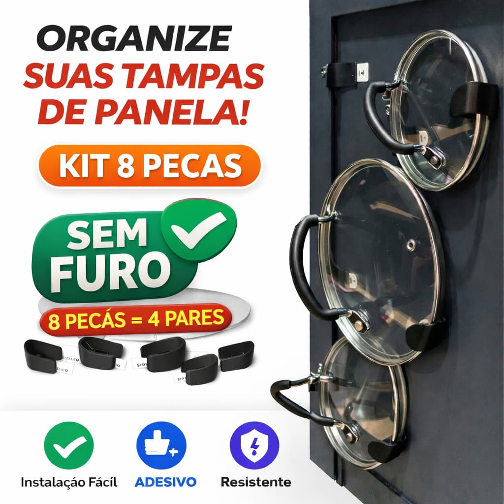 Kit Suporte para Tampa de Panela Adesivo Sem Furo | Porta Tampa Armário Parede | 4 Pares - 8 Un