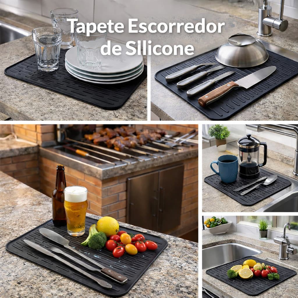 Tapete Escorredor de Louça Silicone 40cm Antiderrapante Secagem Rápida Cozinha Pia Bancada Preto