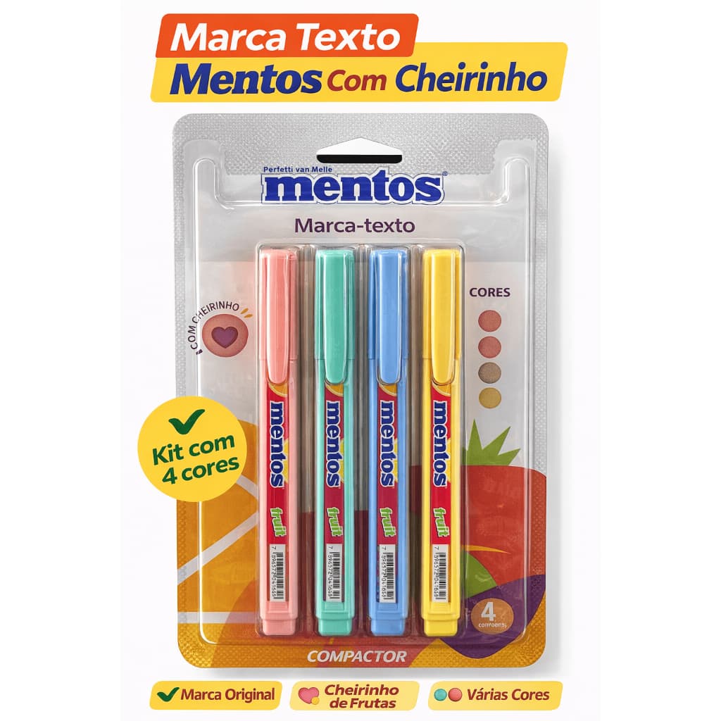Marca Texto Mentos Com Cheirinho Kit 4 Cores Pastel Original Escolar Destaque Texto