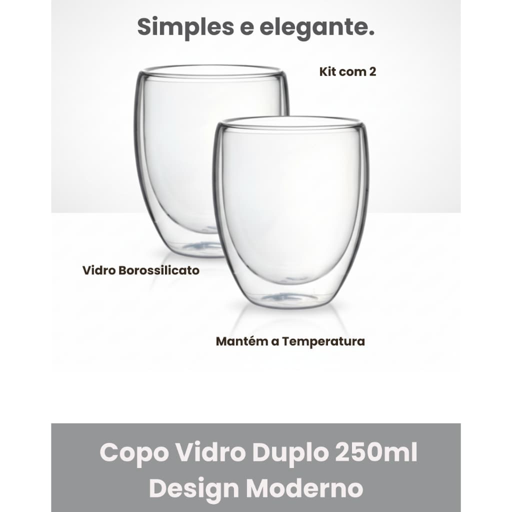 Conjunto Kit 2 Copos Vidro Dupla Parede 250ml Borossilicato