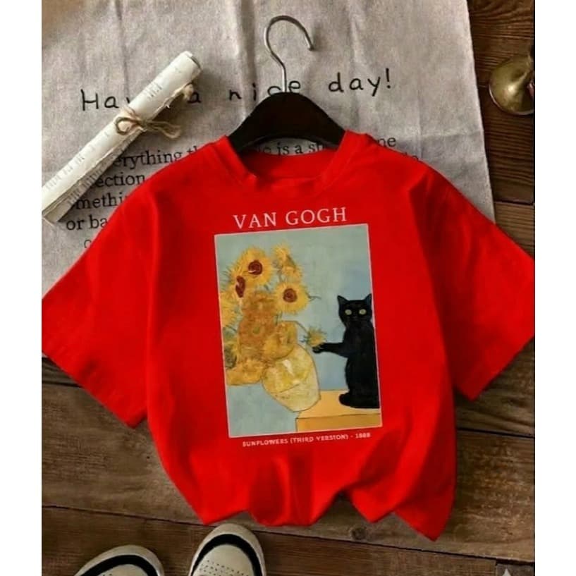 Camiseta Feminina Van Gogh Gato Preto Girassóis Estampada 100% Algodão Premium