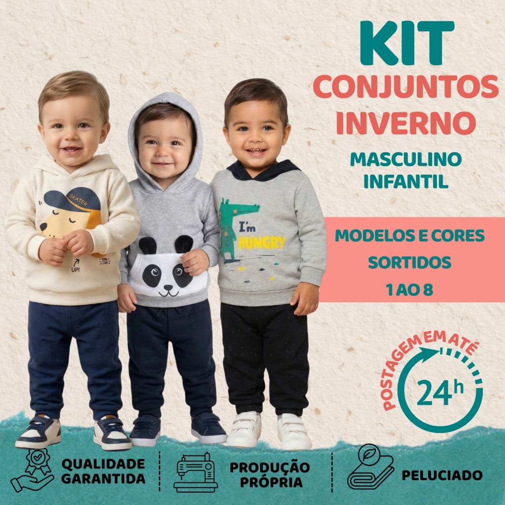 Conjunto Moletom Infantil Menino Kit 6 Peças Peluciado Inverno Bebê Masculino Sortido