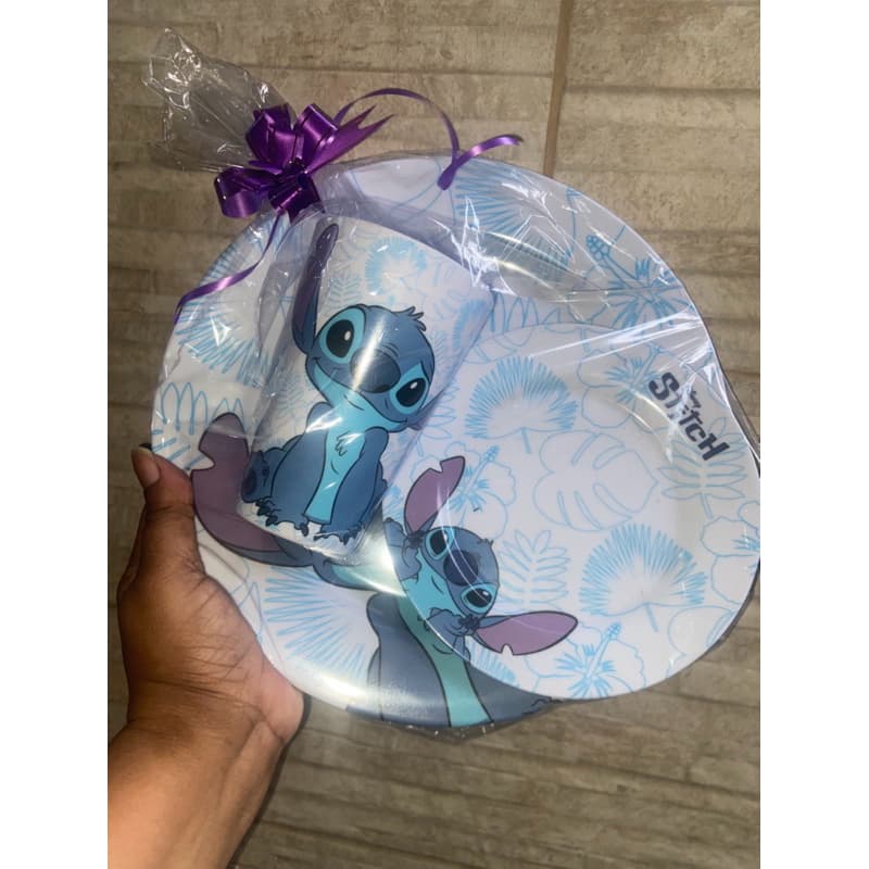 Kit Infantil Stitch Prato + Prato Sobremesa + Copo 250ml Disney Presente Criança