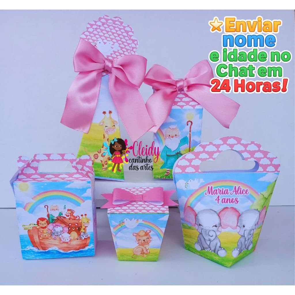 Kit Festa Arca de Noe Menina Com Laço /Arca Noe Rosa/Lembrancinha Personalizada