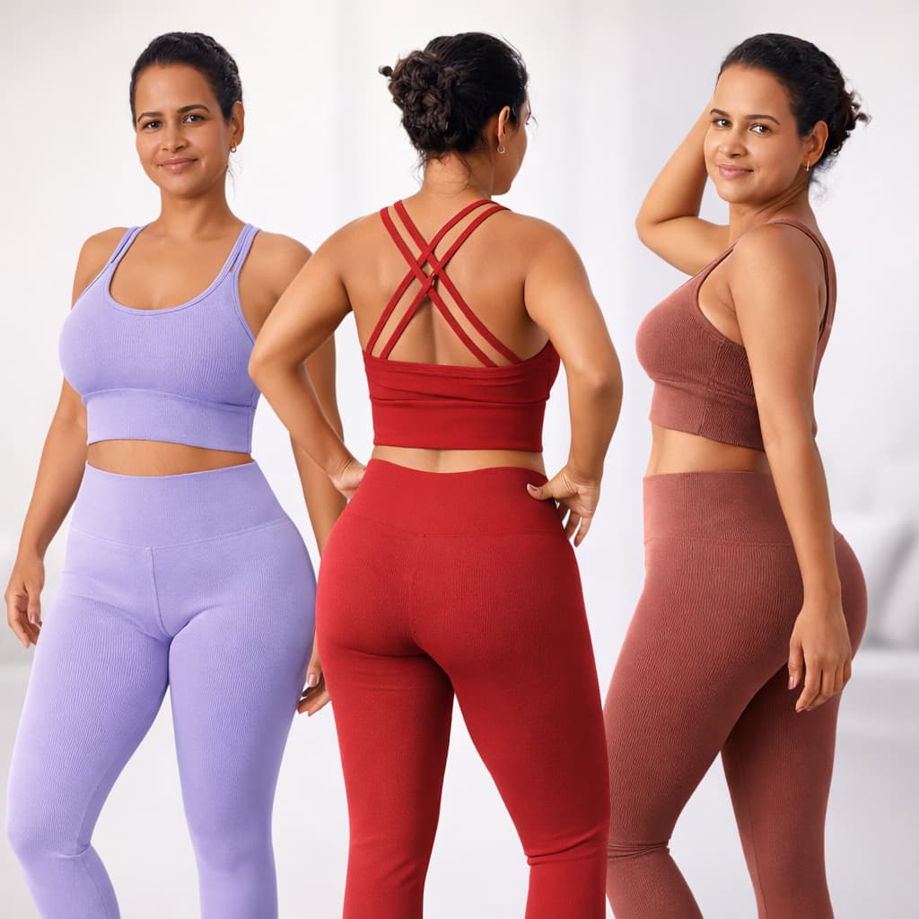Conjunto Academia Feminino Ana Ruga  Canelado Grosso– Calça e Top com Alça Cruzada e bojo