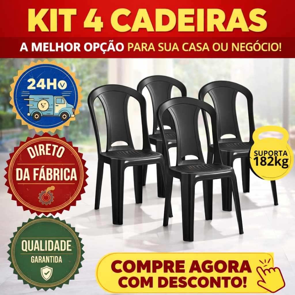Jogo Kit 4 Cadeiras 182kg de Plástico Preta Bistrô Super Resistente Bares & Lanchonetes