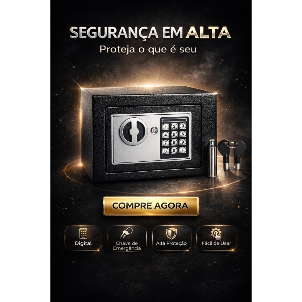 🔐 Cofre Digital Eletrônico com Senha e Chave de Emergência – Aço Reforçado Preto