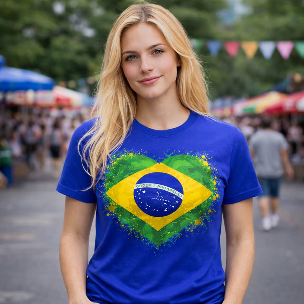 Camiseta Brasil Coração Estampada /Feminina Algodão Premium Camisa Azul Estilosa