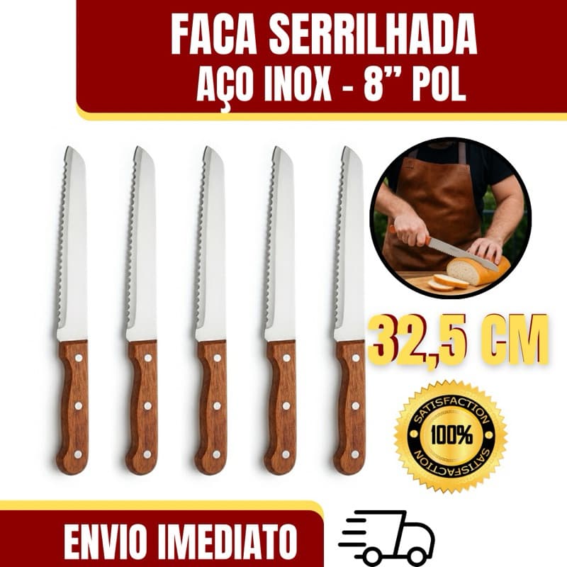 Faca Para Pão 8 Com Serra Aço Inox Cabo Madeira Cor Marrom