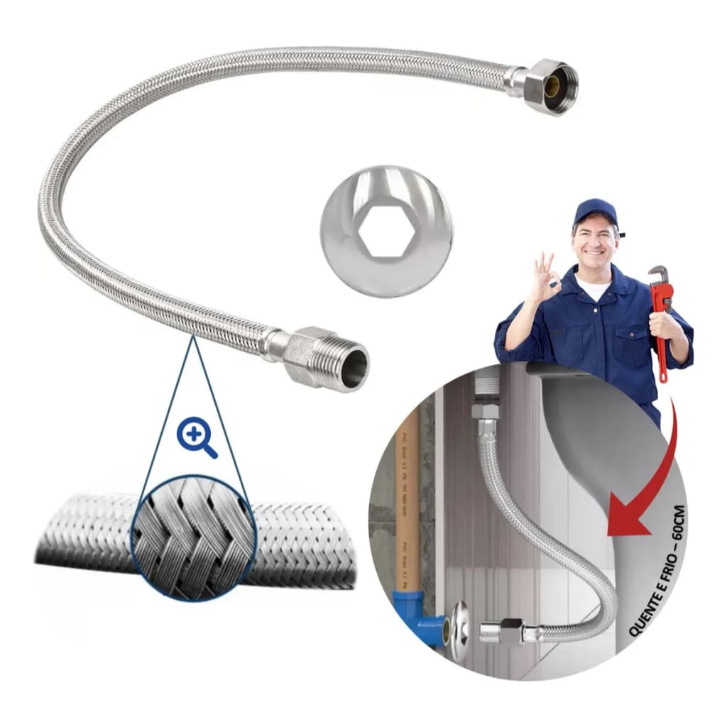Engate Mangueira Flexível Trançado Aço Inox 60cm Quente Fria