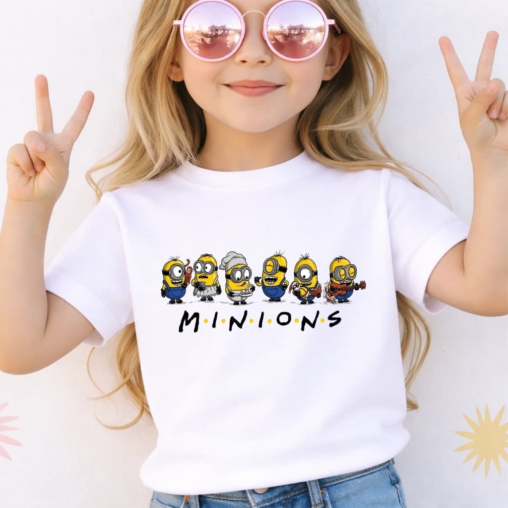 Camiseta Infantil Menina Minions Friends Desenho Animado Blusa Malha Premium Algodão Branca