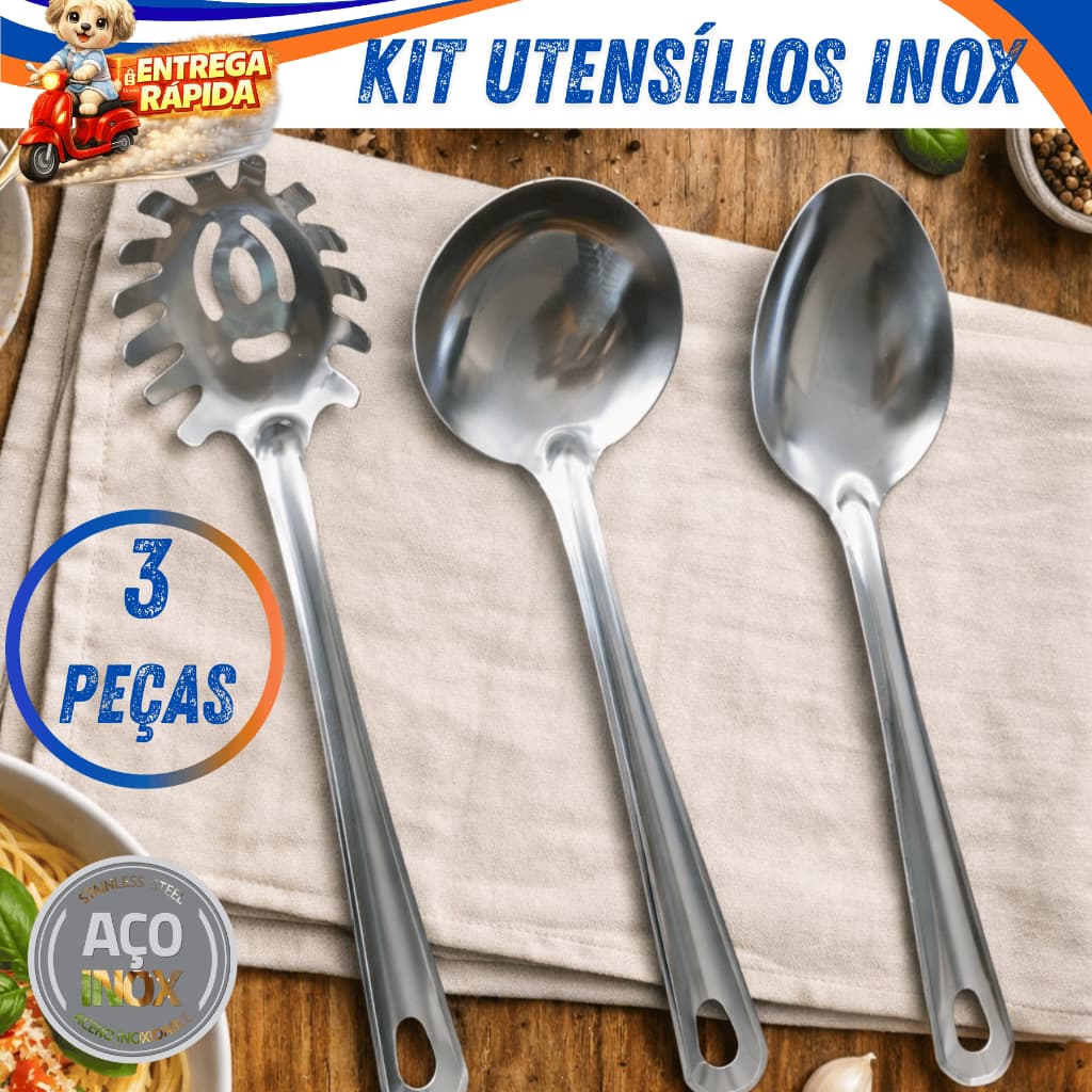 Kit de Utensílios de Cozinha em Aço Inox com Pegador de Massas, Concha e Colher de Arroz Restaurante