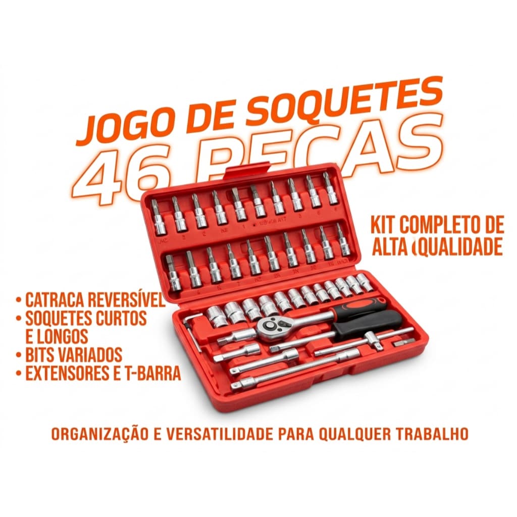 Kit De Ferramentas 46 Peças Jogo De Soquetes Chave Catraca Reversível Com Maleta Jogo De Ferramentas Completo