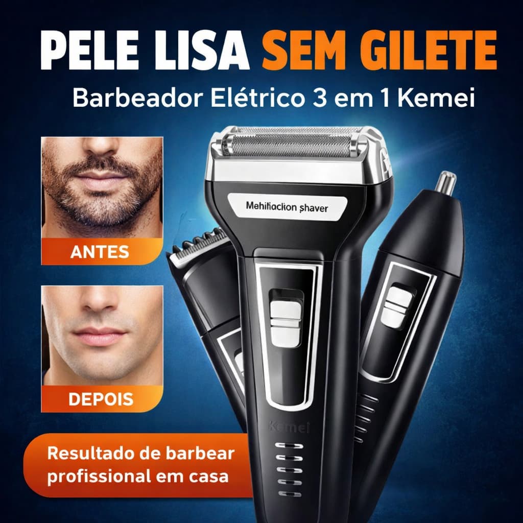 Barbeador Elétrico  3 em 1 Recarregável Bivolt Aparador Barba Cabelo Nariz Profissional KM-6558