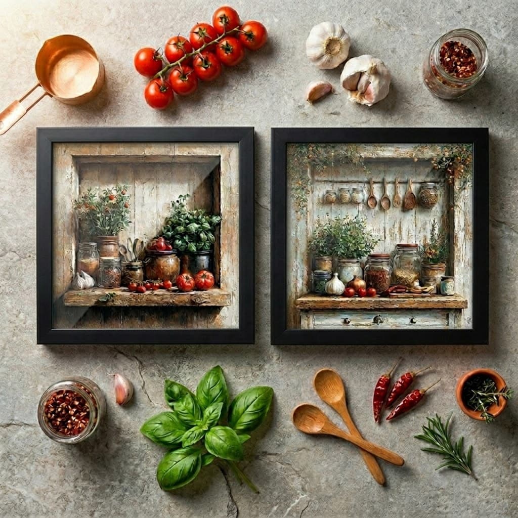 Quadro Decorativo Cozinha Kit 2 Peças 18x18cm Vintage Retrô Com Vidro Moldura Madeira Gourmet