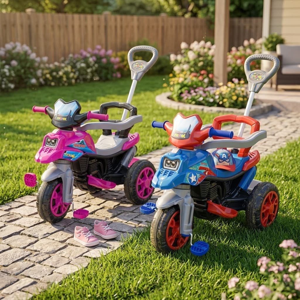 Triciclo Infantil Menino Menina Moto com Pedal e Haste - Azul Rosa Vermelho Colorido