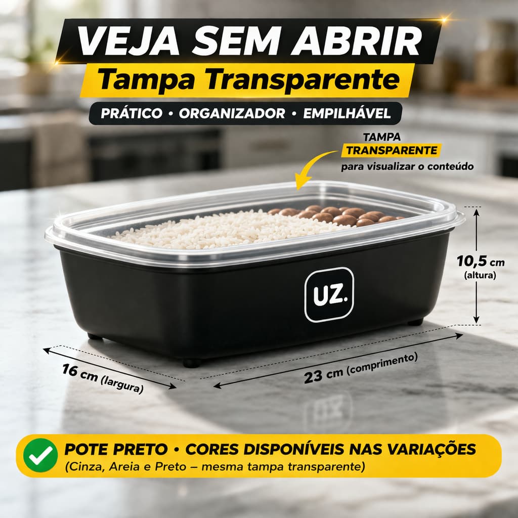 Pote com tampa transparente Retangular Slim 1,5L U.Z Organizador Alimentos Micro-ondas Freezer