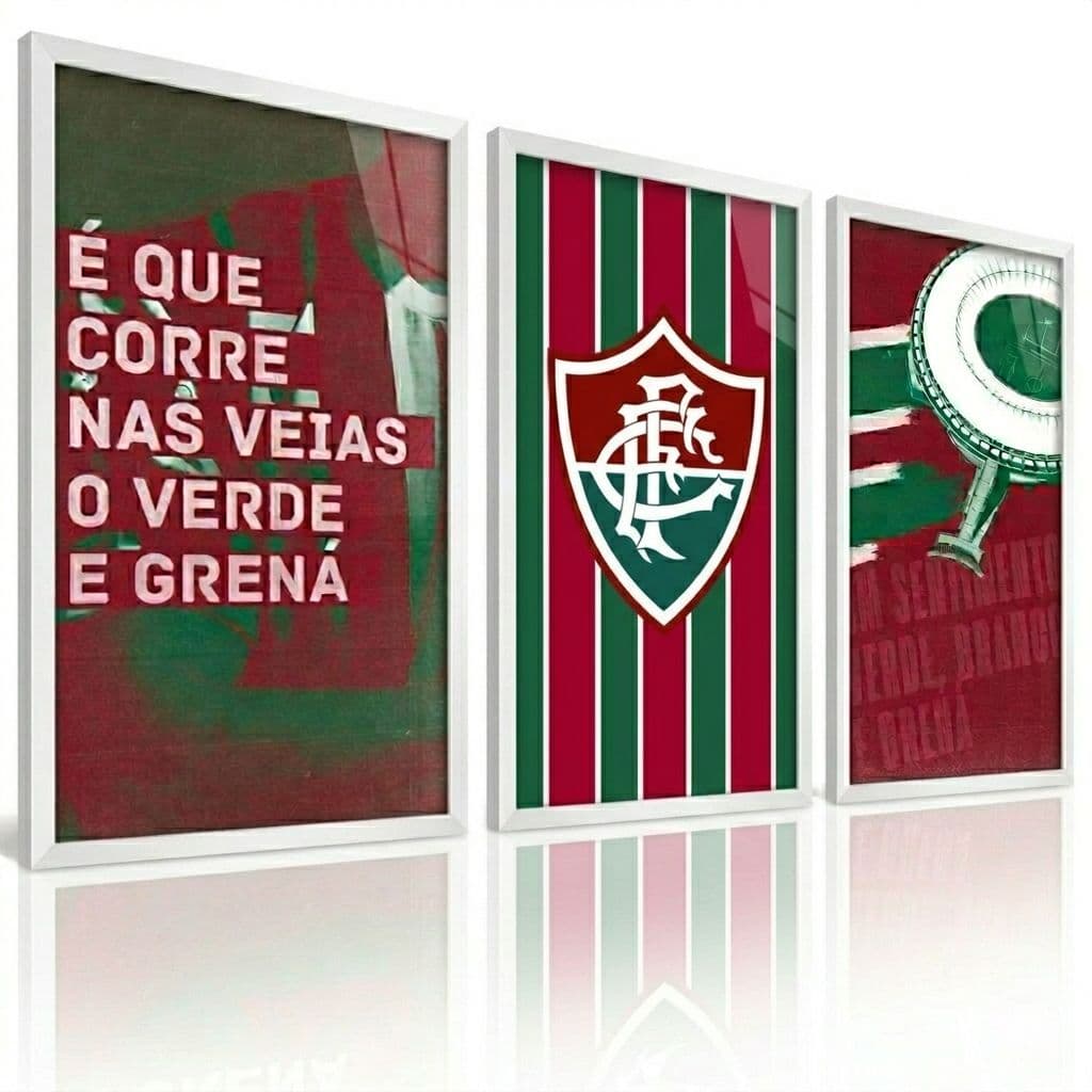 Kit 3 Quadros Decorativos Fluminense Escudo Frase Maracanã Com Moldura e Vidro