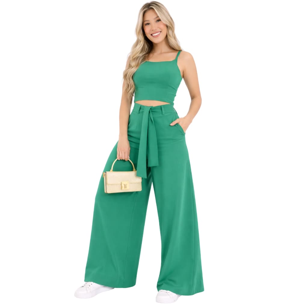 Conjunto Social Feminino Pantalona Wide Leg Cropped Alça Fina Premium