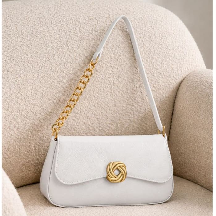 Bolsa Feminina de Ombro Alça com Corrente Baguete Cor Branca Linda Metal Dourado
