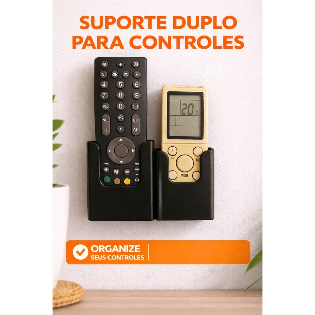 Suporte de Controle Remoto Duplo - Fixação na Parede sem Necessidade de Furar - Acompanha Fita Duplaface