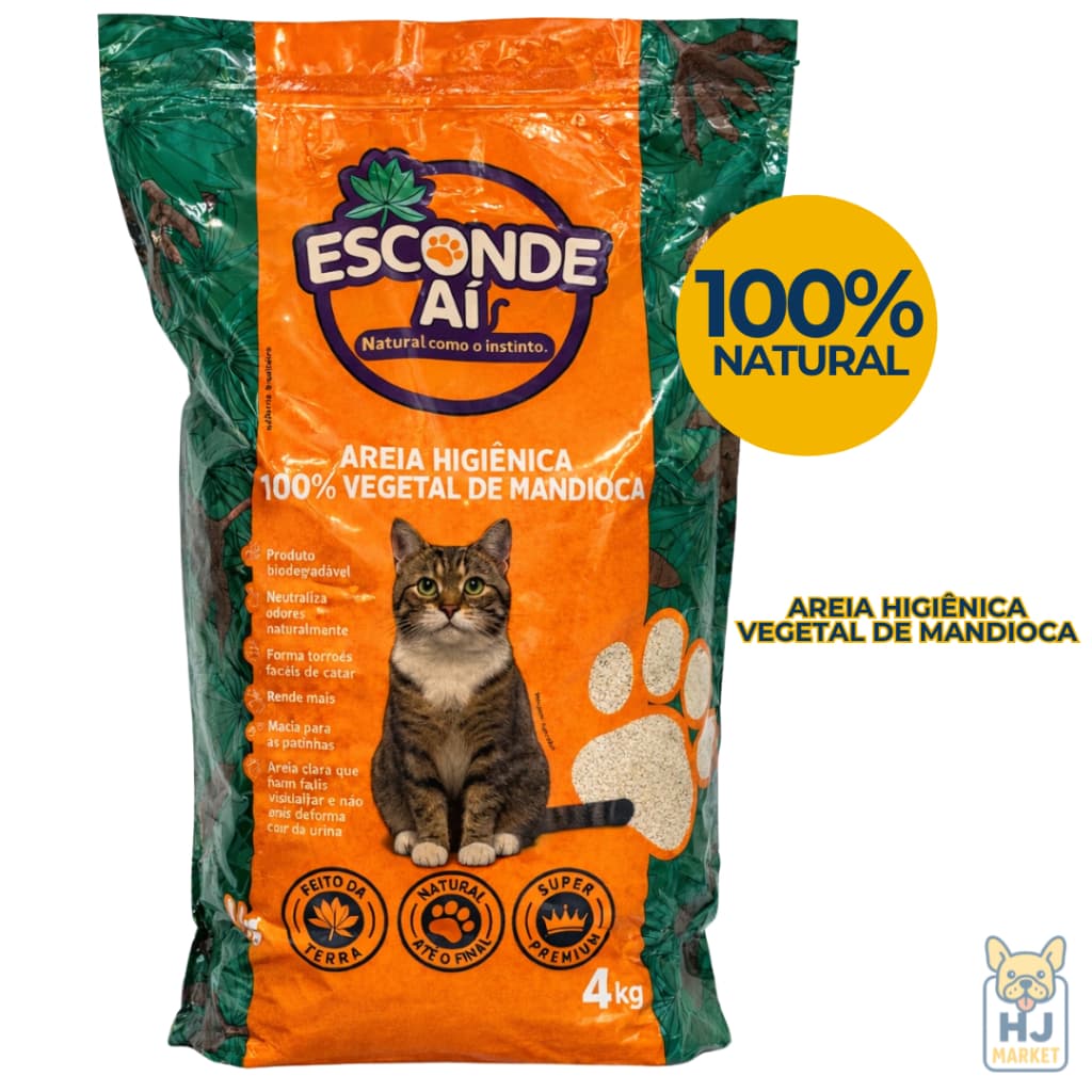 Areia Gatos Esconde Aí 100% Mandioca Biodegradável Grãos Finos  Higiênica 4Kg