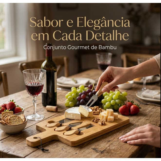 Jogo de Tábua de Bambu para Queijos com 3 Facas Específicas
