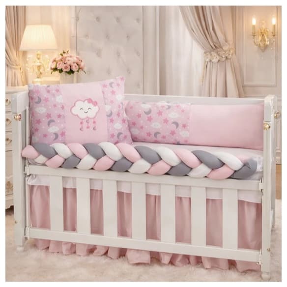 Kit Mini Berço 6 Peças com Trança e Mosquiteiro Várias Estampas Aconchegantes para Bebê